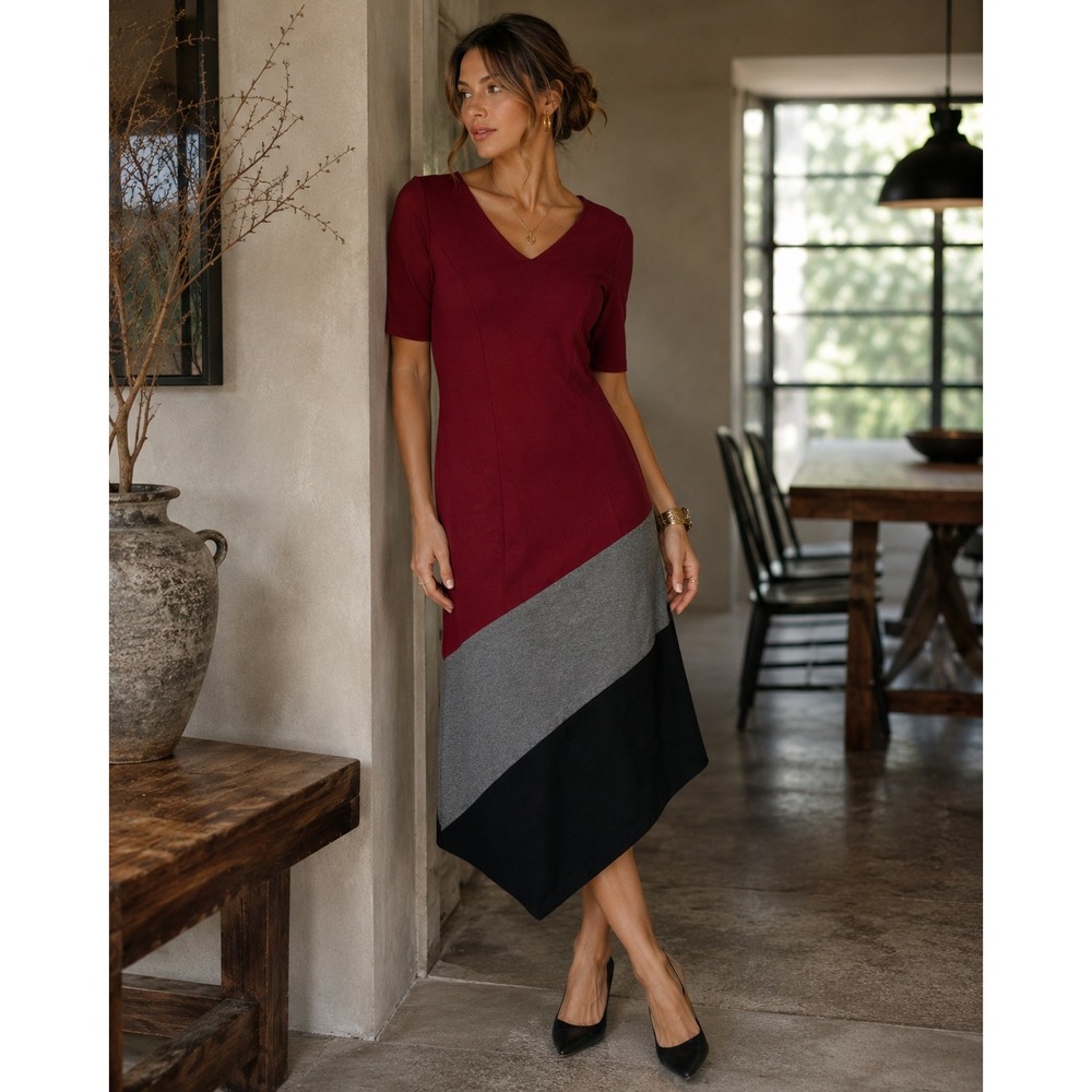 eShakti Dress Women‎ 6 Red Grey Black Colorblock Asymmetrical Retro Minimalist